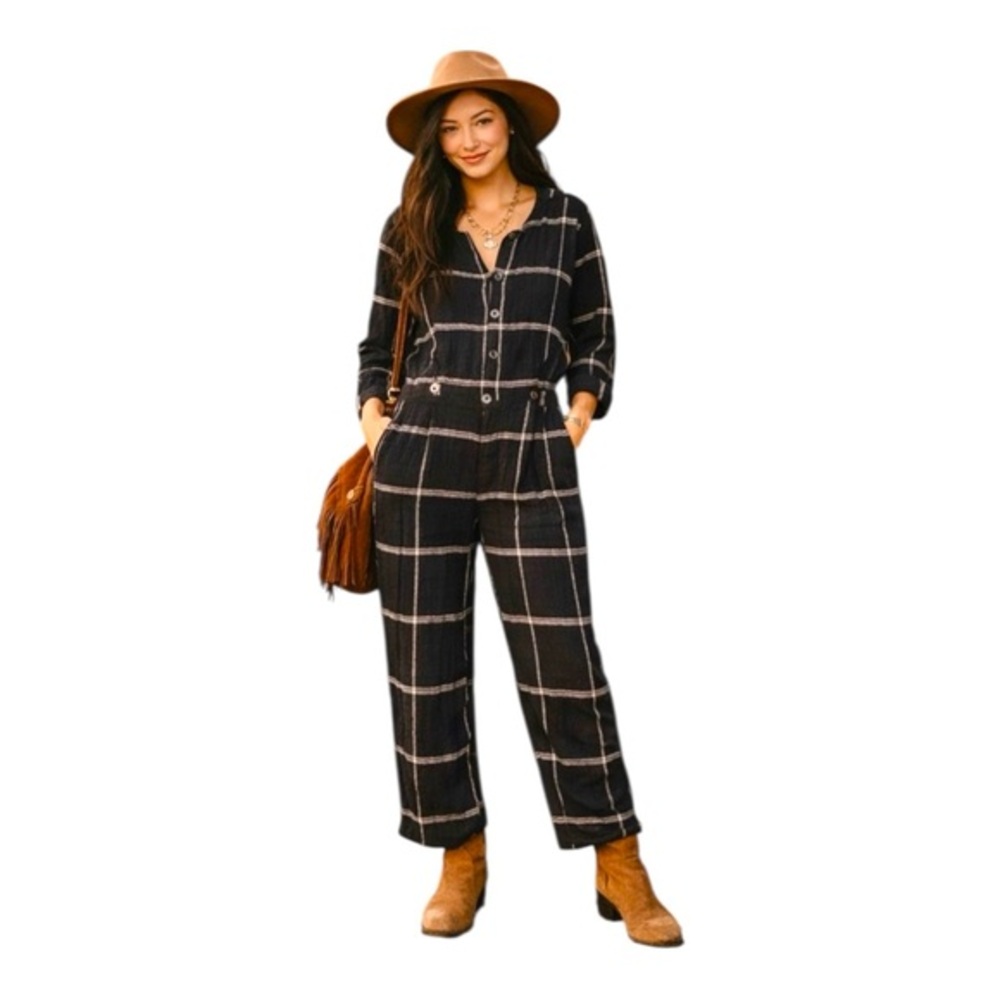 Free People Black Plaid Jumpsuit Small Casual Minimal Modern Boho Streetwear